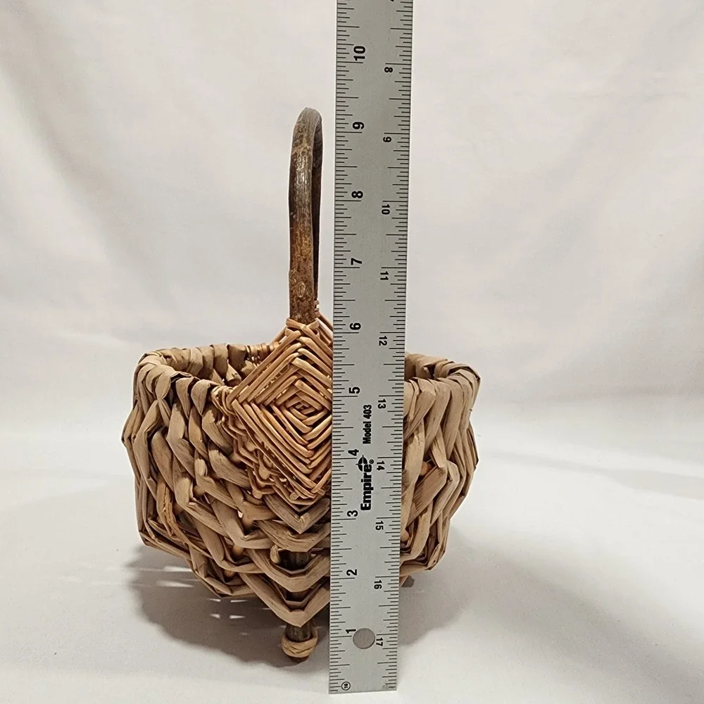 Handcrafted Eye of God Rustic Woven Footed Basket Natural Fiber Branch 9.5in